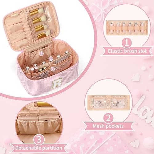 OCHEAL Makeup Bag for Women, Monogram Cosmetic Bag with Brush Holder, Pink Travel Makeup Case Beauty Toiletry Bag Organizer Personalized Gifts for Girls Bridesmaid, Sister, Wife, Friends Initial R thumbnail 3
