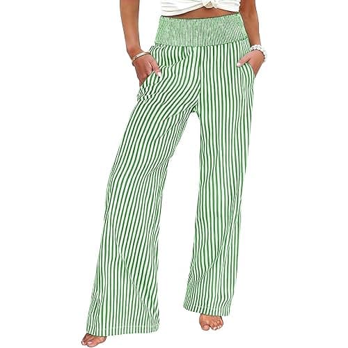 bawilom Women's Wide Leg Beach Pants Elastic Waist Striped Lightweight Casual Flowy Palazzo Lounge Trousers with Pockets thumbnail 7