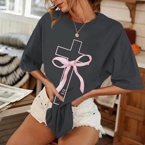 BINTEHGS Christian Faith Cross T Shirts for Women God Oversized Bow Graphic Tshirts Cute Tees Coquette Top for Teen Girls thumbnail 3