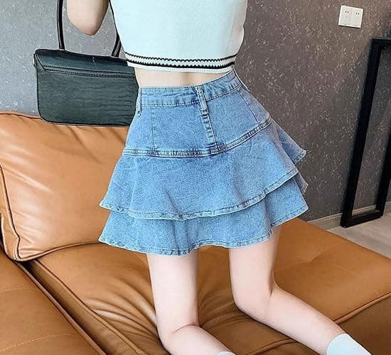 SMIUPIN Women's Casual Denim Mini Skirt Ruffled Slim A-line Pleated Jean Short Skirt thumbnail 2