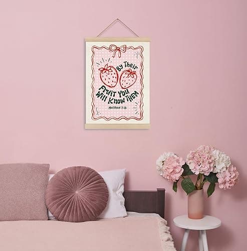 KRHFG Pink Coquette Bow Strawberry Christian Wall Art Poster Framed, Coquette Preppy Room Decor, Matthew 7:16 Bible Verses Hanging Canvas Prints Wall Decor for Girls Room Dorm Apartment, 12x16 Inch thumbnail 5