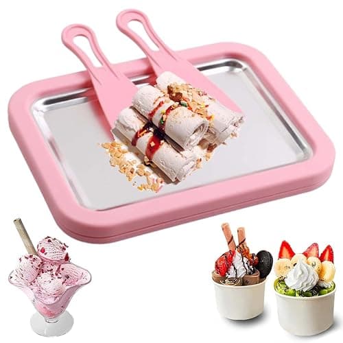 At-Home Rolled Ice Cream Maker Kit, Rolled Ice Cream Tray, Instant Freeze Plate with 2 Scrapers, DIY Stainless Steel Rolled Ice Cream Tray for Making Rolled Ice Cream, Yogurt & Sorbet (Pink) - Image 1