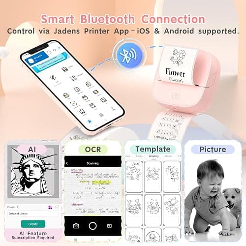 Gloryang JD-23 Sticker Printer, Mini Portable Thermal Printer Print Pod, Inkless Bluetooth Label Maker Machine for DIY Crafts, Journaling, Office & Home Use, 2 Rolls Sticker Paper, Pink thumbnail 2