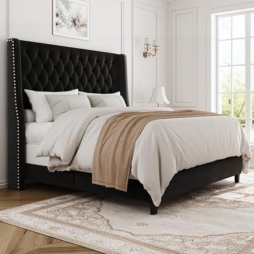 SEREINEY Full Bed Frame with 55" Tall Headboard, Upholstered Bed Frames, Soft Fabric, Button Tufted Headboard with Windback, Platform Bed, Noise-Free, No Box Spring Needed, Black - Image 1