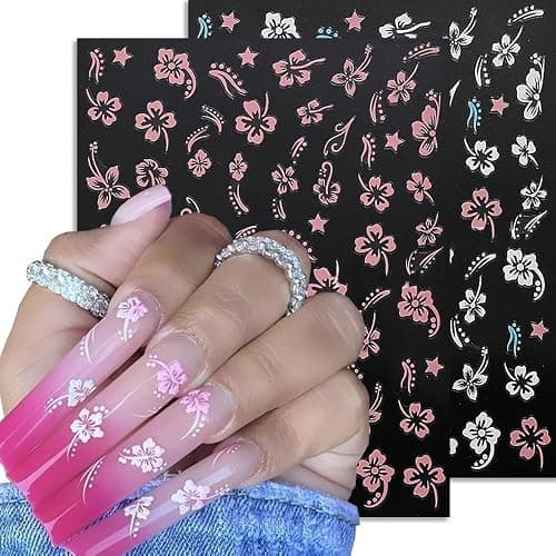 Flower Nail Stickers, Hibiscus Nail Decals 3D Self-Adhesive White Pink Gold Flower Pattern Summer Hibiscus Nail Design Manicure Tropical Accessories for Women Girls(6Sheets) thumbnail 4
