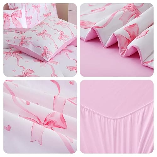 DORCAS Twin Size Bow Comforter Set 6Pcs Bed in A Bag for Girls Kids | Pink Girls Bedding Set,100% Microfiber,Whole-Piece Filling, Machine Washable, Deep-Pocket Sheet thumbnail 6