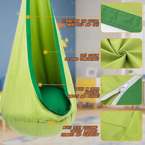 Y- STOP Kids Pod Swing Chair, Hanging Hammock Chair with Inflatable Pillow, Sensory Pocket for Outdoor and Indoor, Max 176Lbs(Green) thumbnail 4