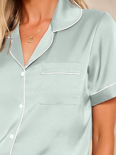 LILLUSORY Silk Satin Pajama Set for Women 2 Piece Lounge Pjs Winter Matching Summer Sleepwear Button Down Shirt Shorts thumbnail 5