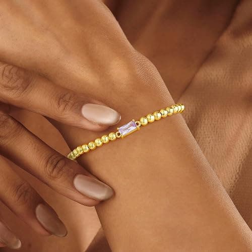 Yoosteel Dainty Birthstone Bracelet for Women - Elastic 14K-Gold-Plated Bead Bracelets Trendy Friendship Birthday Jewelry Gifts Christmas Stocking Stuffer for Women thumbnail 3
