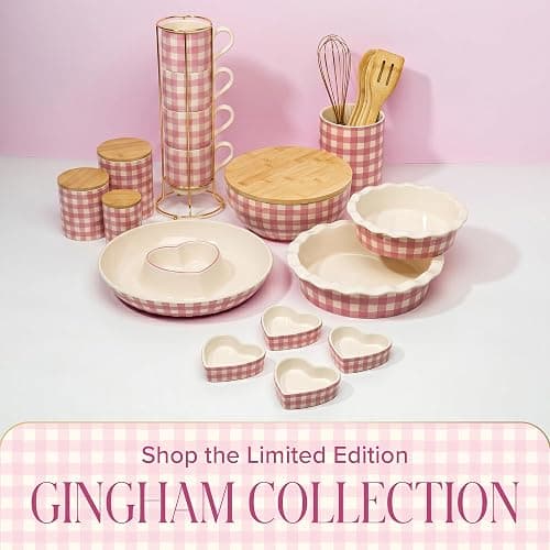 Paris Hilton Ceramic Pie Dish Set, 7-Inch and 9-Inch Stoneware Baking Dishes with Fluted Rim and Gingham Design, Oven Safe up to 450°F, 2-Piece, Pink thumbnail 8