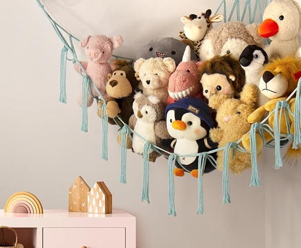Stuffed Animal Hammock-Large Stuffed Animal Net For Toys Corner-Hanging Stuff Animal Toy Storage Organizer For Plush Plushie Display Light Blue Girl Room Bedroom Boho Nursery Decor Toy Storage thumbnail 5