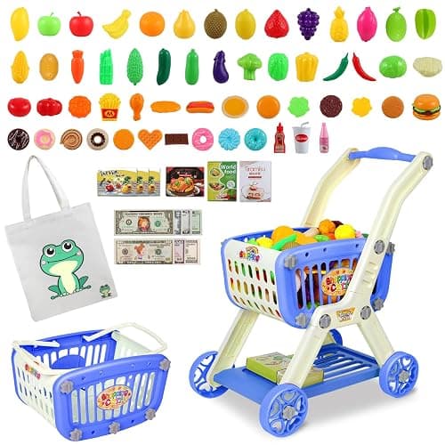 Kids Shopping Cart - 2 in 1 Toy Shopping Cart with Play Food Fruit Vegetable Dessert and Shop Accessories, 72pcs Pretend Play Grocery Store Toy Kitchen Game Trolley Play Set for Kids (Navy Blue) - Image 1