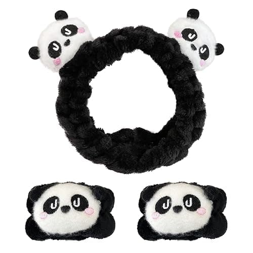 JazSwirl Spa Headband Wrist Bands for Washing Face, 3 Pcs Black White Panda Face Wash Headbands, Kawaii Panda Headband with Arm Bands, Cute Animal Spa Makeup Skincare Headbands with Wristbands - Image 1