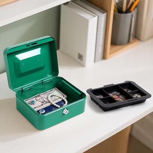 Jssmst Medium Cash Box with Key Lock - Durable Metal Cash Box with Money Tray, Green, Medium thumbnail 2