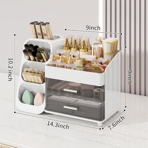 Makeup Organizer for Vanity,Vanity Organizer with Drawers and Brush Holder,Bathroom Make Up Organizer Countertop,Large Cosmetic Organizer for Skincare, Perfume,Lipsticks,Nail Polish (White) thumbnail 6