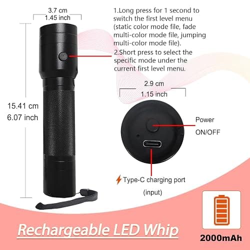 CHINLY LED Whip Lights, Fiber Optic Whip for Dancing, with 40 Color Effect Mode, APP Control and 360°Swivel, Rechargeable Rave Light for Parties, Light Shows, Unique Gifts for Girlfriend,Girl,Wife thumbnail 2