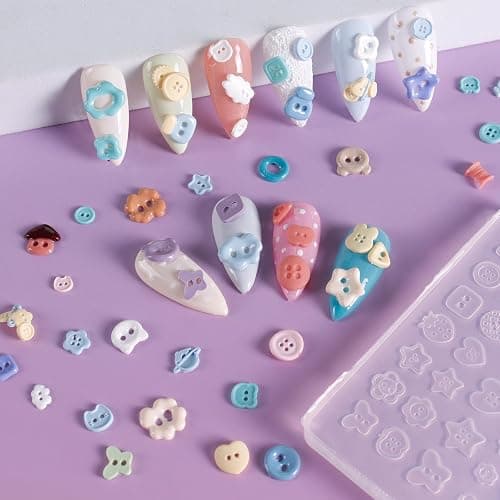 Laza 4pcs Button Silicone Nail Art Molds, 3D Multiple Shapes Embossed Button Nail Charms Nails Accessories with Carving Pen Resin Nail Art Mold Manicure Tools for Manicures Design thumbnail 4