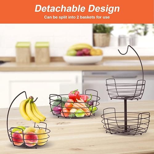 Fuleadture 2 Stöckig Obstkorb mit Bananenhalter - Küche Obststaender für die Arbeitsfläche - Metall Obstschalen für Obst und Gemüse - Bronze thumbnail 5