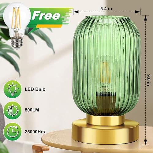 LEDIKON Mid Century Modern Table Lamp, Touch Control & 3 Way Dimmable, Green Glass, Small Gold, Vintage Bedside Lamp for Bedroom, Living Room,Office (Bulb Included) thumbnail 5