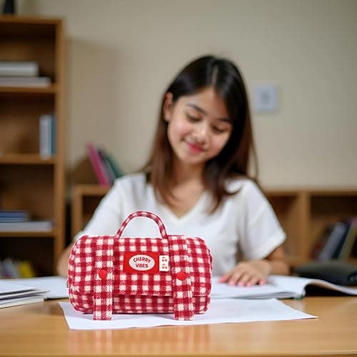 Haumei Cute Checkered Pencil Case, Red White Plaid, Large Capacity Gingham Pattern Pen Bag with Handle, Big Stationery Organizer, Multi-Use Storage Pouch, 8.7x1.6x4.7 Inches, Red thumbnail 2