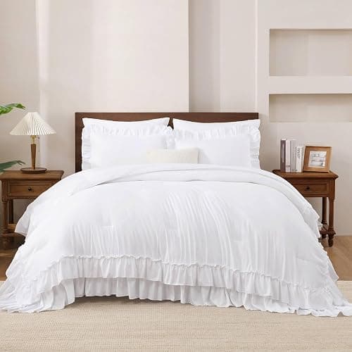 Andency White Comforter Set Queen Size, Lightweight Fluffy Farmhouse White Ruffle Bedding Set, Soft Microfiber All Season Shabby Chic Bed Comforter Set 3 Pieces(1 Ruffle Comforter 2 Pillowcases) thumbnail 5