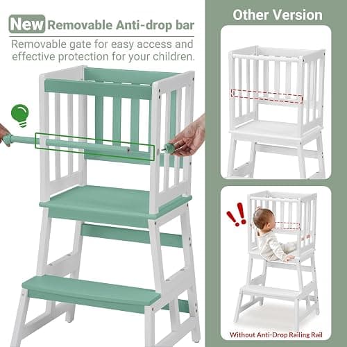COSYLAND Kids Kitchen Step Stool, Toddler Standing Tower with CPC Certification, Removable Anti-Drop Railing Safety Rail, Anti-tip Stable Toddler Standing Tower - Green & White thumbnail 3
