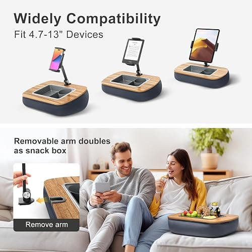 ERGONOV Lap Beanbag Tablet Pillow Stand,Adjustable iPad Holder with Snack Bowl,360° Rotating Clip for 4.7-13" Kindle,Phone,Tablet.Ideal for Hands-Free Reading and Relaxation on Bed,Couch,Recliner,Gray thumbnail 5