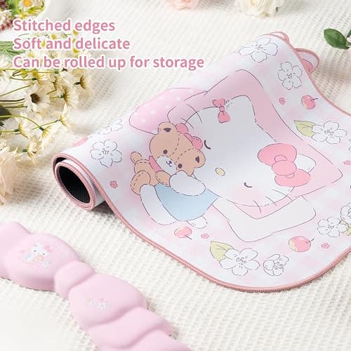 Kuitmor Kawaii Anime Mouse Pad Wrist Rest Support Set - Non-Slip Desk Mat and Memory Foam Bowknot Wrist Rest for Keyboard and Mouse,Perfect for Gaming or Home Office Work - FlowerCat thumbnail 4