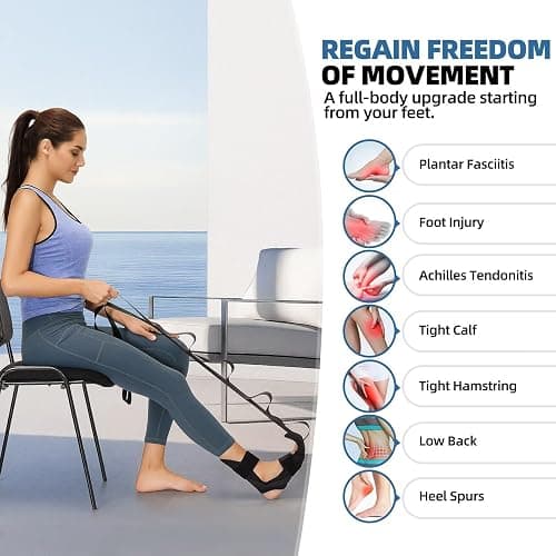 comness Foot and Calf Stretcher-Stretching Strap For Plantar Fasciitis, Heel Spurs, Foot Drop, Achilles Tendonitis & Hamstring. Yoga Foot & Leg Stretch Strap. (Black) thumbnail 2