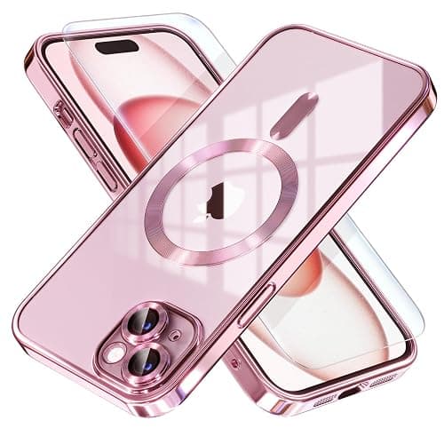 Misea Magnetic for iPhone 15 Case Compatible with MagSafe [Never Yellowing] [Military Grade Drop Protection] Full Camera Lens Protector Plating Soft Clear Phone Case for Women, Pink - Image 1