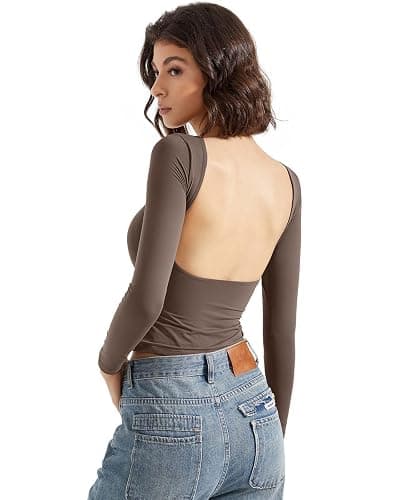 SUUKSESS Women Backless Going Out Tops Double Lined Open Back Basic Long Sleeve thumbnail 4