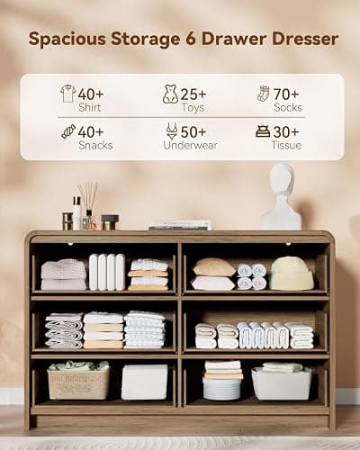 HOTALLOY 47" Wide Fluted 6 Drawer Dresser for Bedroom, Chest of Drawers with Curved Profile Design, Modern Wood Closet Clothes Storage Organizer for Bedroom, Living Room, Hallway, Light Walnut thumbnail 4