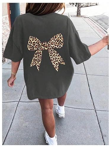 RoseSeek Girl's Bow Leopard Graphic Tees Short Sleeve Preppy Summer T Shirt Aesthetic Baggy Tops thumbnail 3