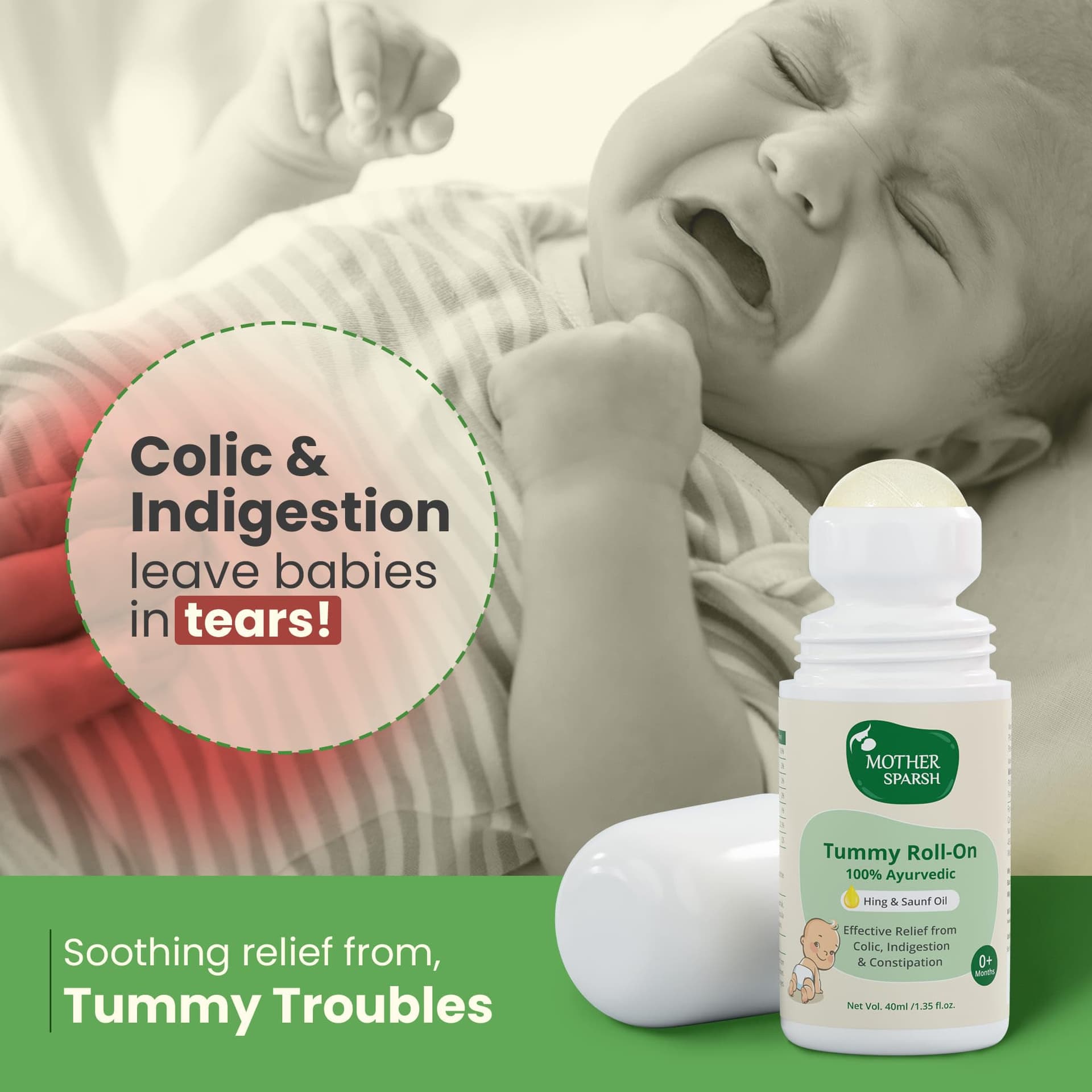 Mother Sparsh Tummy Roll On For Baby, Colic Relief, Constipation and Indigestion With Hing & Saunf | 100% Ayurvedic - 40ml thumbnail 2
