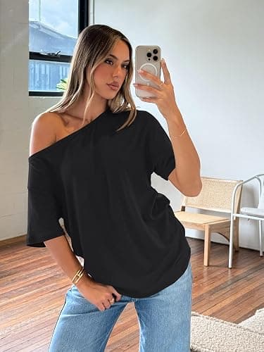 Trendy Queen Womens Off The Shoulder Tops Oversized T-Shirts Short Sleeve Tees Summer 2025 Casual Spring Fashion Clothes thumbnail 3