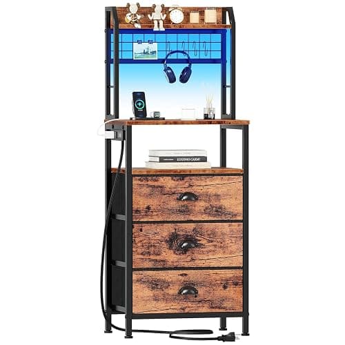 Furologee 44'' Tall Nightstand with Charging Station, Bedside Table with LED Lights, End Table with 3 Drawers and Storage Shelves, Night Stand with Pegboard for Bedroom, Rustic Brown - Image 1