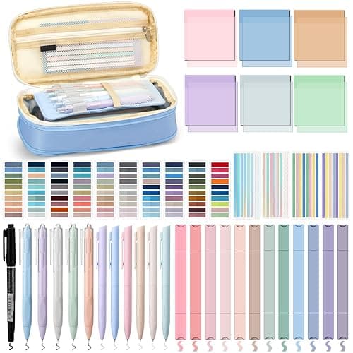 Trandraft 135 Pcs Book Annotation Kit with Pencil Case, 12 Pastel Highlighters, 11 Gel Pens, Fine Marker, 300 Transparent Sticky Notes, 2640 Index Tabs, Bible Study Supplies Kit(Classic,Light Blue) - Image 1
