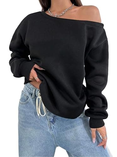 Remidoo Off Shoulder Sweatshirt Drop Shoulder Oversized Long Sleeve thumbnail 3
