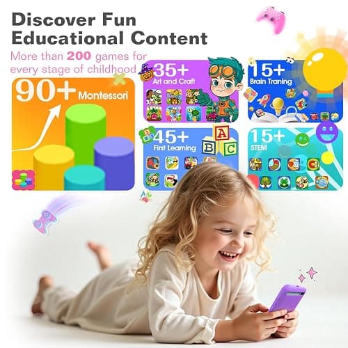 MOMILLA Kids Smart Phone Toys for Girls, 3.97” Touchscreen, Dual Cameras with Stickers, 200+ Games & 16GB Storage, Christmas Birthday Gifts for Kids Age 3-10, Educational Mini Toddler Play Phone Toy thumbnail 2
