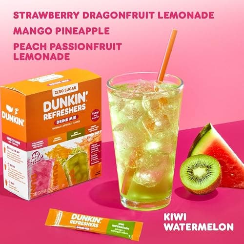 Dunkin’ Refreshers Singles To Go! Powdered drink mix packets, 40 Ct Variety Pack, 40 Single serve Packets per Box (40 servings), Energy from Green Tea, aspartame-free, no synthetic colors, naturally and artificially flavored, just add water thumbnail 3