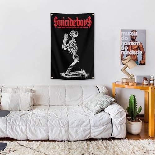 owpIa Horror Skull Tapestry Suicide Music Boys Flag 2x3ft for Room Teen Girls Indoor Outdoor Bedroom and College Dorm With 4 Brass Grommets thumbnail 4