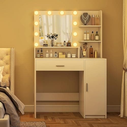 Quimoo Makeup Vanity Desk with Mirror & Lights, Vanity Desk with 5 Drawers & Storage Shelves, Vanity Table, 3 Color Modes & Adjustable Brightness Dressing Table, Bedroom, White thumbnail 9