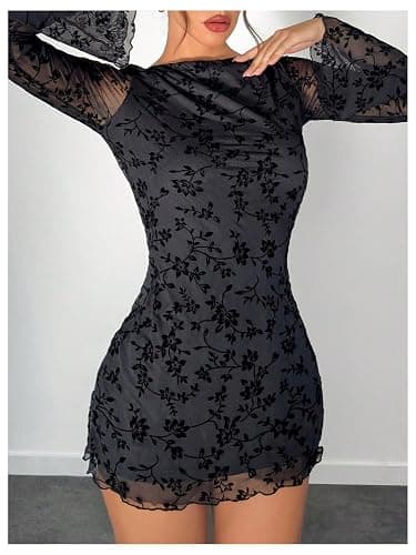 SOLY HUX Women's Floral Mesh Mini Dress Bell Long Sleeve Bodycon Gothic | Fall Dress，Sexy，Lace， Going Out，Party，Lace，Night Out，Going Out，Witchy Dress，Flare Sleeve thumbnail 3