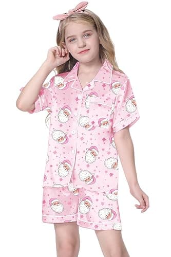 Schbbbta Girls Womens Pajamas, Satin Silky Pjs Set Kids 2Pcs Button-Down Nightwear Sleepwear Gift for Mommy and me thumbnail 2