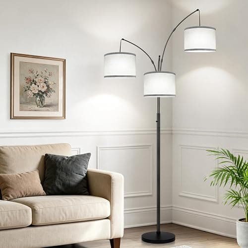 Dimmable Floor Lamp, 3 Lights Black Arc Floor Lamp, Modern Tall Standing Tree Lamp with Grey Linen Shades & Heavy Base, 3000LM LED Bulbs, Bright Lighting for Living Room, Bedroom, Office & Reading thumbnail 8