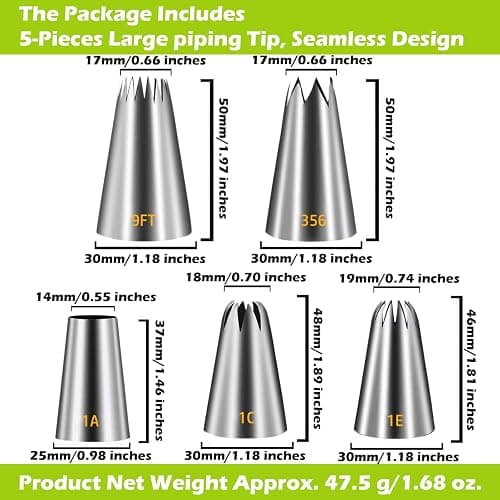 Suuker Large Piping Tips Set, Stainless Steel Cake Decorating Tips, 5 Pieces Frosting Icing Tips for Cake Decorating, Cupcakes, Cookie (1A 1E 1C 9FT 356) thumbnail 3