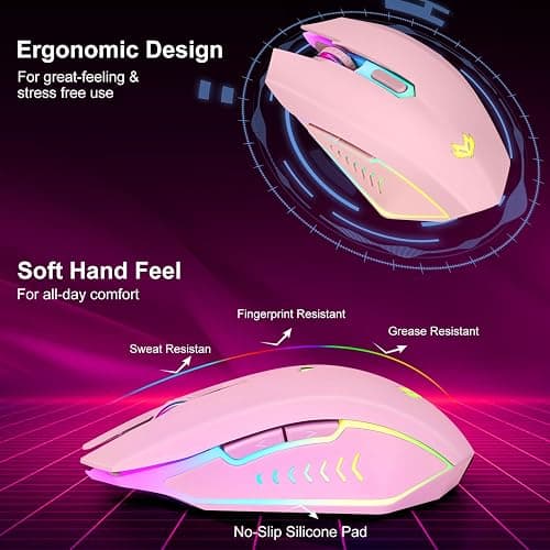 LuLabboard Wireless Gaming Mouse, Rechargeable Wireless Computer Mouse, 7-Color LED Light, Ergonomic Mouse with 6 Silent Click Buttons, 3 Adjustable 2400 DPI Wireless Mouse for Laptop,PC,Mac, Pink - Pink thumbnail 5
