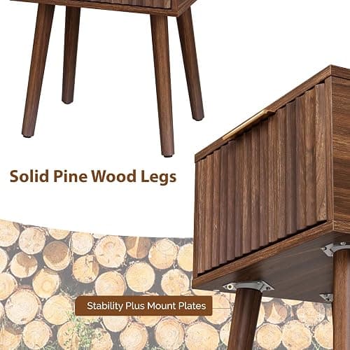 VINGLI Night Stand Set 2, Fluted Nightstands with Drawer, Mid Century Modern Nightstands Set of 2, Bedside Table, End Table, Wood Nightstand for Bedroom, Walnut, 15.75" W*11.81" D*21.85" H thumbnail 6