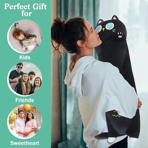 Sprinqdawin Long Black Cat Plush Pillow,35.5" Large Black Cat Stuffed Animal,Kawaii Cat Plush,Cuddly Sleeping Hugging Stuffed Animal, Giant Cute Body Pillow,Plush Toy Gift for Kids Birthday thumbnail 6