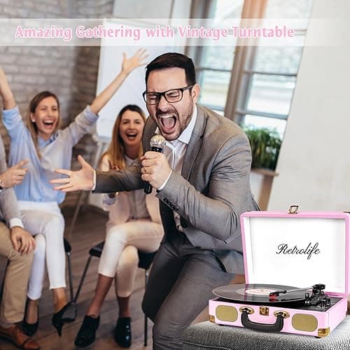 Vinyl Record Player 3-Speed Bluetooth Suitcase Portable Belt-Driven Record Player with Built-in Speakers RCA Line Out AUX in Headphone Jack Vintage Turntable Pink thumbnail 6